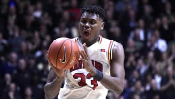 Feb 27, 2016; West Lafayette, IN, USA; Maryland Terrapins center Diamond Stone (33) grabs a rebound in the 2nd half at Mackey Arena. Purdue won the game 83-79. Mandatory Credit: Sandra Dukes-USA TODAY Sports