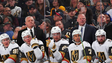 BUFFALO, NY - JANUARY 14: Vegas Golden Knights assistant coach Mike Kelly (L) and head coach Gerard Gallant (R) watch the action during an NHL game against the Buffalo Sabres on January 14, 2020 at KeyBank Center in Buffalo, New York. Buffalo won, 4-2.(Photo by Bill Wippert/NHLI via Getty Images)