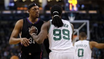 Feb 10, 2016; Boston, MA, USA; Los Angeles Clippers forward Paul Pierce (34) returns up court against Boston Celtics forward Jae Crowder (99) in the first quarter at TD Garden. Mandatory Credit: David Butler II-USA TODAY Sports