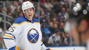 TORONTO, CANADA - NOVEMBER 19: Owen Power #25 of the Buffalo Sabres shouts instructions against the Toronto Maple Leafs during an NHL game at Scotiabank Arena on November 19, 2022 in Toronto, Ontario, Canada. The Maple Leafs defeated the Sabres 5-2. (Photo by Claus Andersen/Getty Images)