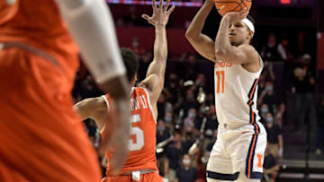 Nov 26, 2021; Champaign, Illinois, USA; Illinois Fighting Illini guard Alfonso Plummer (11) shoots the ball during the first half against the Texas-Rio Grande Valley Vaqueros at State Farm Center. Mandatory Credit: Ron Johnson-USA TODAY Sports