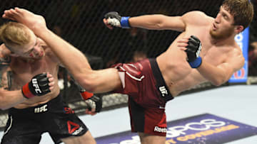 BOISE, ID - JULY 14: (R-L) Said Nurmagomedov of Russia kicks Justin Scoggins in their flyweight fight during the UFC Fight Night event inside CenturyLink Arena on July 14, 2018 in Boise, Idaho. (Photo by Josh Hedges/Zuffa LLC/Zuffa LLC via Getty Images)