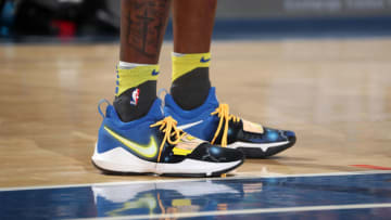 NEW YORK, NY - FEBRUARY 26: Sneakers of Jordan Bell #2 of the Golden State Warriors during the game against the New York Knicks on February 26, 2018 at Madison Square Garden in New York City, New York. NOTE TO USER: User expressly acknowledges and agrees that, by downloading and or using this photograph, User is consenting to the terms and conditions of the Getty Images License Agreement. Mandatory Copyright Notice: Copyright 2018 NBAE (Photo by Nathaniel S. Butler/NBAE via Getty Images)