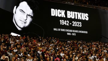LANDOVER, MARYLAND - OCTOBER 05: A general view during a moment of remembrance for former Chicago Bears Hall of Fame linebacker Dick Butkus at FedExField on October 05, 2023 in Landover, Maryland. Butkus passed away at age 80 on October 05, 2023. (Photo by Greg Fiume/Getty Images)
