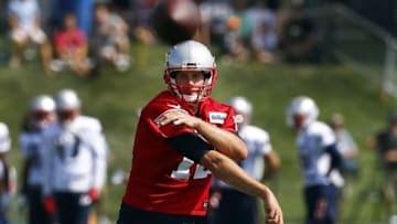 Jul 28, 2016; Foxboro, MA, USA; New England Patriots quarterback Tom Brady (12) throws during training camp at Gillette Stadium. Mandatory Credit: Winslow Townson-USA TODAY Sports