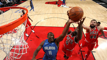CHICAGO, IL - DECEMBER 20: Bismack Biyombo #11 of the Orlando Magic shoots the ball against the Chicago Bulls on December 20, 2017 at the United Center in Chicago, Illinois. NOTE TO USER: User expressly acknowledges and agrees that, by downloading and or using this Photograph, user is consenting to the terms and conditions of the Getty Images License Agreement. Mandatory Copyright Notice: Copyright 2017 NBAE (Photo by Gary Dineen/NBAE via Getty Images)