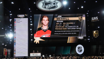 LAS VEGAS, NV - JUNE 21: Jon Merrill is selected by the Las Vegas Golden Knights during the 2017 NHL Awards and Expansion Draft at T-Mobile Arena on June 21, 2017 in Las Vegas, Nevada. (Photo by Ethan Miller/Getty Images)