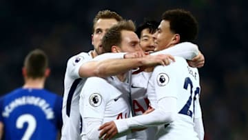 LONDON, ENGLAND - JANUARY 13: Christian Eriksen of Tottenham Hotspur celebrates with teammates after scoring his sides fourth goal during the Premier League match between Tottenham Hotspur and Everton at Wembley Stadium on January 13, 2018 in London, England. (Photo by Jordan Mansfield/Getty Images)