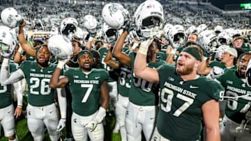 Michigan State celebrates after beating Western Kentucky on Saturday, Oct. 2, 2021, at Spartan Stadium in East Lansing.211002 Msu Wku Fb 216a