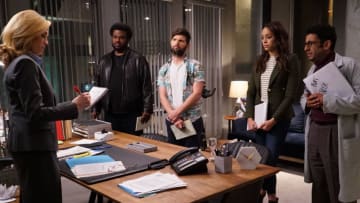 GHOSTED: Pictured L-R: Ally Walker, Craig Robinson, Adam Scott, Amber Stevens West and Adeel Akhtar in the "Wire" episode of GHOSTED airing Sunday, March 11 (8:30-9:00 PM ET/PT) on FOX. ©2018 Fox Broadcasting Co. CR: Kevin Estrada/FOX