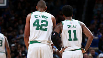 OKLAHOMA CITY, OK - OCTOBER 25: Al Horford #42 and Kyrie Irving #11 of the Boston Celtics look on during the game against the Oklahoma City Thunder on October 25, 2018 at Chesapeake Energy Arena in Oklahoma City, Oklahoma. NOTE TO USER: User expressly acknowledges and agrees that, by downloading and/or using this photograph, user is consenting to the terms and conditions of the Getty Images License Agreement. Mandatory Copyright Notice: Copyright 2018 NBAE (Photo by Zach Beeker/NBAE via Getty Images)