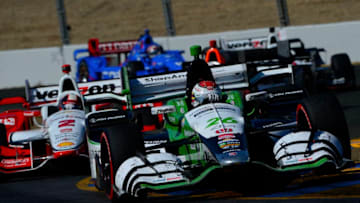 SONOMA, CA - AUGUST 30: Carlos Munoz of Colombia driver of the #26 Andretti Autosport Honda Dallara leads a pack of cars during the Verizon IndyCar Series GoPro Grand Prix of Sonoma at Sonoma Raceway on August 30, 2015 in Sonoma, California. (Photo by Robert Laberge/Getty Images)