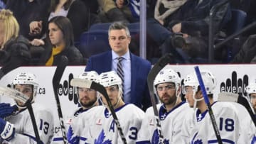 LAVAL, QC - MARCH 08: Head coach of the Toronto Marlies Sheldon Keefe looks on from behind the bench against the Laval Rocket during the AHL game at Place Bell on March 8, 2019 in Laval, Quebec, Canada. The Toronto Marlies defeated the Laval Rocket 3-0. (Photo by Minas Panagiotakis/Getty Images)