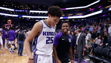 SACRAMENTO, CA - OCTOBER 24: Justin Jackson #25 and Yogi Ferrell #3 of the Sacramento Kings share a laugh as they leave the court after their win against the Memphis Grizzlies at Golden 1 Center on October 24, 2018 in Sacramento, California. (Photo by Lachlan Cunningham/Getty Images)