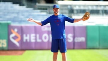 Sep 15, 2015; Pittsburgh, PA, USA; Chicago Cubs third baseman Kris Bryant (17) reacts during infield practice before playing the Pittsburgh Pirates at PNC Park. Mandatory Credit: Charles LeClaire-USA TODAY Sports