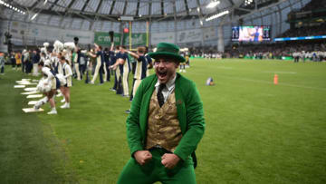 DUBLIN, IRELAND - AUGUST 26: The Notre Dame mascot reacts to the crowd during the Aer Lingus College Football Classic game between Notre Dame and Navy at Aviva Stadium on August 26, 2023 in Dublin, Ireland. (Photo by Charles McQuillan/Getty Images)