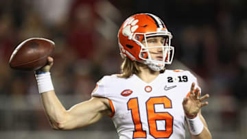 SANTA CLARA, CA - JANUARY 07: Trevor Lawrence #16 of the Clemson Tigers looks to pass against the Alabama Crimson Tide in the CFP National Championship presented by AT&T at Levi's Stadium on January 7, 2019 in Santa Clara, California. (Photo by Ezra Shaw/Getty Images)