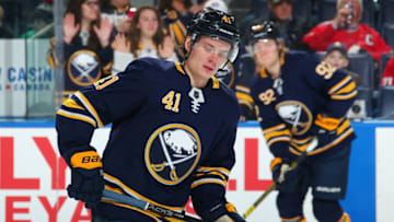 BUFFALO, NY - MARCH 28: Victor Olofsson #41 of the Buffalo Sabres skates during warmups before an NHL game against the Detroit Red Wings on March 28, 2019 at KeyBank Center in Buffalo, New York. (Photo by Sara Schmidle/NHLI via Getty Images)