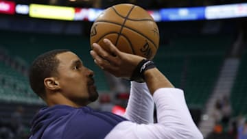 Nov 23, 2016; Salt Lake City, UT, USA; Utah Jazz guard George Hill (3) line up a shot as he warms up prior to their game against the Denver Nuggets at Vivint Smart Home Arena. Mandatory Credit: Jeff Swinger-USA TODAY Sports