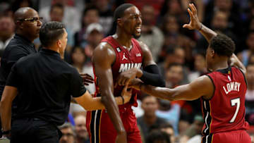 Bam Adebayo #13 of the Miami Heat reacts after being called for a technical foul against the Boston Celtics(Photo by Megan Briggs/Getty Images)