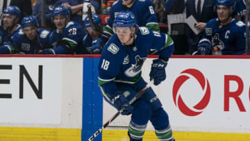 VANCOUVER, BC - DECEMBER 10: Jake Virtanen #18 of the Vancouver Canucks skates with the puck during NHL action at Rogers Arena against the Toronto Maple Leafs on December 10, 2019 in Vancouver, Canada. (Photo by Rich Lam/Getty Images)