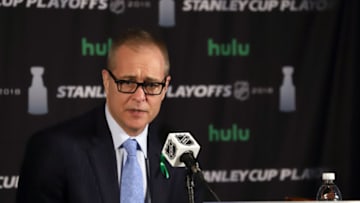 WINNIPEG, MB - MAY 20: Head Coach Paul Maurice of the Winnipeg Jets takes part in the post-game press conference following a 2-1 loss to the Vegas Golden Knights in Game Five of the Western Conference Final during the 2018 NHL Stanley Cup Playoffs at the Bell MTS Place on May 20, 2018 in Winnipeg, Manitoba, Canada. The Knights win the series 4-1. (Photo by Darcy Finley/NHLI via Getty Images)