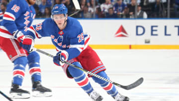 NEW YORK, NY - OCTOBER 04: Jimmy Vesey #26 of the New York Rangers skates with the puck against the Nashville Predators at Madison Square Garden on October 4, 2018 in New York City. The Nashville Predators won 3-2. (Photo by Jared Silber/NHLI via Getty Images)