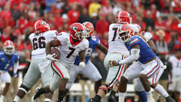 JACKSONVILLE, FL - NOVEMBER 02: Georgia Bulldogs running back DAndre Swift (7) runs with the ball during the game between the Georgia Bulldogs and the Florida Gators on November 2, 2019 at TIAA Bank Field in Jacksonville, Fl. (Photo by David Rosenblum/Icon Sportswire via Getty Images)