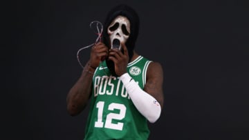 CANTON, MA - SEPTEMBER 24: Terry Rozier #12 poses for a photo wearing the Ghostface scream mask during Boston Celtics Media Day on September 24, 2018 in Canton, Massachusetts. NOTE TO USER: User expressly acknowledges and agrees that, by downloading and/or using this photograph, user is consenting to the terms and conditions of the Getty Images License Agreement. (Photo by Maddie Meyer/Getty Images)