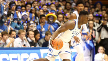 DURHAM, NORTH CAROLINA - FEBRUARY 20: Zion Williamson #1 of the Duke Blue Devils dribbles the ball before falling after his shoe breaks against the North Carolina Tar Heels during their game at Cameron Indoor Stadium on February 20, 2019 in Durham, North Carolina. (Photo by Streeter Lecka/Getty Images)