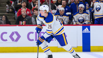 Nov 19, 2023; Chicago, Illinois, USA; Buffalo Sabres defenseman Rasmus Dahlin (26) skates with the puck against the Chicago Blackhawks during the second period at the United Center. Mandatory Credit: Daniel Bartel-USA TODAY Sports