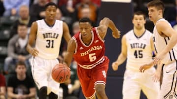 Dec 20, 2014; Indianapolis, IN, USA; Indiana Hoosiers forward Troy Williams (5) drives against the Butler Bulldogs at Bankers Life Fieldhouse. Mandatory Credit: Brian Spurlock-USA TODAY Sports