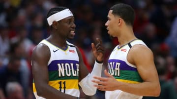 NEW ORLEANS, LOUISIANA - FEBRUARY 04: Jrue Holiday #11 of the New Orleans Pelicans and Josh Hart #3 of the New Orleans Pelicans talk against the Milwaukee Bucks during a game at the Smoothie King Center on February 04, 2020 in New Orleans, Louisiana. NOTE TO USER: User expressly acknowledges and agrees that, by downloading and or using this Photograph, user is consenting to the terms and conditions of the Getty Images License Agreement. (Photo by Jonathan Bachman/Getty Images)