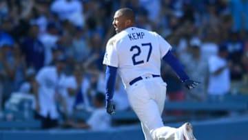 LOS ANGELES, CA - SEPTEMBER 02: Matt Kemp #27 of the Los Angeles Dodgers runs toward third base after a walkoff double against Brad Boxberger #31 of the Arizona Diamondbacks for a 3-2 win at Dodger Stadium on September 2, 2018 in Los Angeles, California. (Photo by John McCoy/Getty Images)