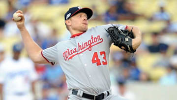 Oct 10, 2016; Los Angeles, CA, USA; Washington Nationals relief pitcher Mark Melancon (43) pitches during the ninth inning against the Los Angeles Dodgers in game three of the 2016 NLDS playoff baseball series at Dodger Stadium. Mandatory Credit: Gary A. Vasquez-USA TODAY Sports