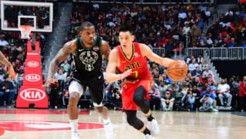 ATLANTA, GA - JANUARY 13: Jeremy Lin #7 of the Atlanta Hawks handles the ball against the Milwaukee Bucks on January 13, 2019 at State Farm Arena in Atlanta, Georgia. NOTE TO USER: User expressly acknowledges and agrees that, by downloading and/or using this Photograph, user is consenting to the terms and conditions of the Getty Images License Agreement. Mandatory Copyright Notice: Copyright 2019 NBAE (Photo by Scott Cunningham/NBAE via Getty Images)
