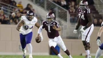 Nov 14, 2015; College Station, TX, USA; Texas A&M Aggies quarterback Kyler Murray (1) carries the ball against the Western Carolina Catamounts during the second half at Kyle Field. Texas A&M beat Western Carolina 41-17. Mandatory Credit: Brendan Maloney-USA TODAY Sports