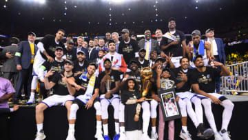 OAKLAND, CA - JUNE 12: The Golden State Warriors are pictured after winning the NBA Championship in Game Five against the Cleveland Cavaliers of the 2017 NBA Finals on June 12, 2017 at Oracle Arena in Oakland, California. NOTE TO USER: User expressly acknowledges and agrees that, by downloading and or using this photograph, user is consenting to the terms and conditions of Getty Images License Agreement. Mandatory Copyright Notice: Copyright 2017 NBAE (Photo by: Noah Graham/NBAE via Getty Images)