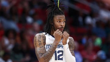 Mar 6, 2022; Houston, Texas, USA; Memphis Grizzlies guard Ja Morant (12) reacts during the game against the Houston Rockets at Toyota Center. Mandatory Credit: Troy Taormina-USA TODAY Sports