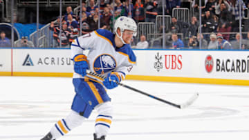 ELMONT, NEW YORK - MARCH 07: Casey Mittelstadt #37 of the Buffalo Sabres skates against the New York Islanders at the UBS Arena on March 07, 2023 in Elmont, New York. (Photo by Bruce Bennett/Getty Images)