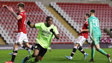 Jamie Bynoe-Gittens celebrates after scoring his second goal. (Photo by Charlotte Tattersall/Getty Images)