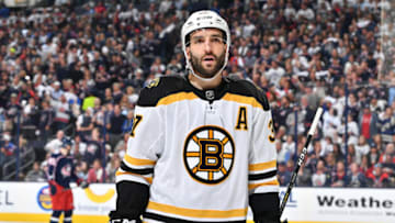 COLUMBUS, OH - MAY 6: Patrice Bergeron #37 of the Boston Bruins skates against the Columbus Blue Jackets in Game Six of the Eastern Conference Second Round during the 2019 NHL Stanley Cup Playoffs on May 6, 2019 at Nationwide Arena in Columbus, Ohio. (Photo by Jamie Sabau/NHLI via Getty Images)