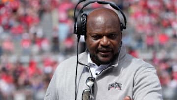 April 15, 2023; Columbus, Ohio, USA; Associate Head Coach/Defensive Line coach Larry Johnson works with the gray team during the first quarter of the Ohio State spring football game Saturday at Ohio Stadium.Mandatory Credit: Barbara J. Perenic/Columbus DispatchOhio State Spring Game Bjp 39