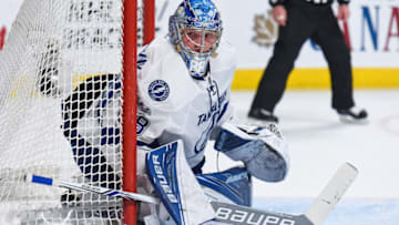 MONTREAL, QC - APRIL 07: Tampa Bay Lightning Goalie Andrei Vasilevskiy (88) following the action during the Tampa Bay Lightning versus the Montreal Canadiens game on April 7, 2017, at Bell Centre in Montreal, QC (Photo by David Kirouac/Icon Sportswire via Getty Images)