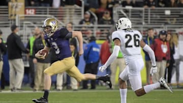 Dec 2, 2016; Santa Clara, CA, USA; Washington Huskies quarterback Jake Browning (3) chased by Colorado Buffaloes defensive back Isaiah Oliver (26) during the Pac-12 championship at Levi