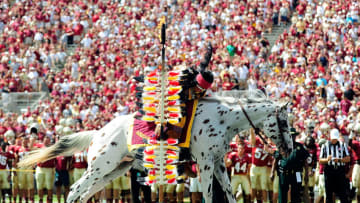 TALLAHASSEE, FL - SEPTEMBER 15: Chief Osceola, mascot of the Florida State Seminoles plants a spear at midfield prior to a game against the Wake Forest Demon Deacons at Doak Campbell Stadium on September 15, 2012 in Tallahassee, Florida. (Photo by Stacy Revere/Getty Images)