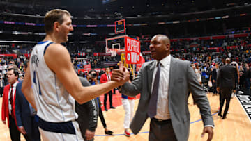 LOS ANGELES, CA - FEBRUARY 25: Dirk Nowitzki #41 of the Dallas Mavericks and Head Coach Doc Rivers of the LA Clippers shake hands after a game on February 25, 2019 at STAPLES Center in Los Angeles, California. NOTE TO USER: User expressly acknowledges and agrees that, by downloading and/or using this Photograph, user is consenting to the terms and conditions of the Getty Images License Agreement. Mandatory Copyright Notice: Copyright 2019 NBAE (Photo by Adam Pantozzi/NBAE via Getty Images)