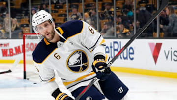 BOSTON, MA - DECEMBER 16: Buffalo Sabres defenseman Marco Scandella (6) skates in warm up before a game between the Boston Bruins and the Buffalo Sabres on December 16, 2018, at TD Garden in Boston, Massachusetts. (Photo by Fred Kfoury III/Icon Sportswire via Getty Images)