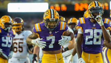 Derek Stingley Jr celebrates after making a tackle as The LSU Tigers take on Central Michigan Chippewas in Tiger Stadium.