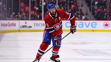 MONTREAL, QC - FEBRUARY 02: Montreal Canadiens defenceman Shea Weber (6) shoots the puck during the Columbus Blue Jackets versus the Montreal Canadiens game on February 02, 2020, at Bell Centre in Montreal, QC (Photo by David Kirouac/Icon Sportswire via Getty Images)
